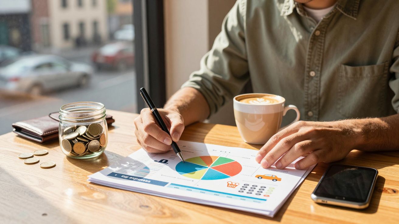 Pessoa a analisar gráfico circular com caneta, junto a moeda, telemóvel e chávena de café numa mesa de madeira.