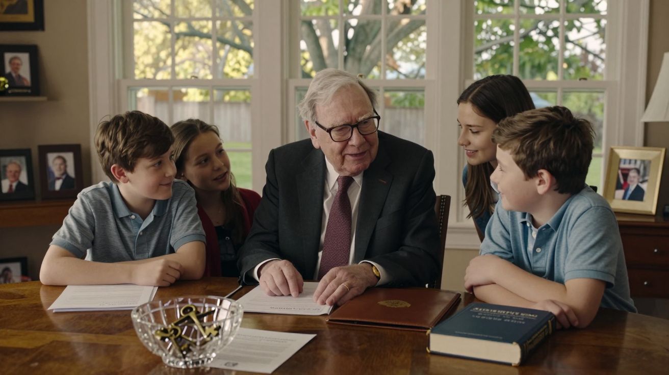 Homem idoso de fato conversa e sorri com quatro crianças sentadas à mesa num ambiente luminoso.