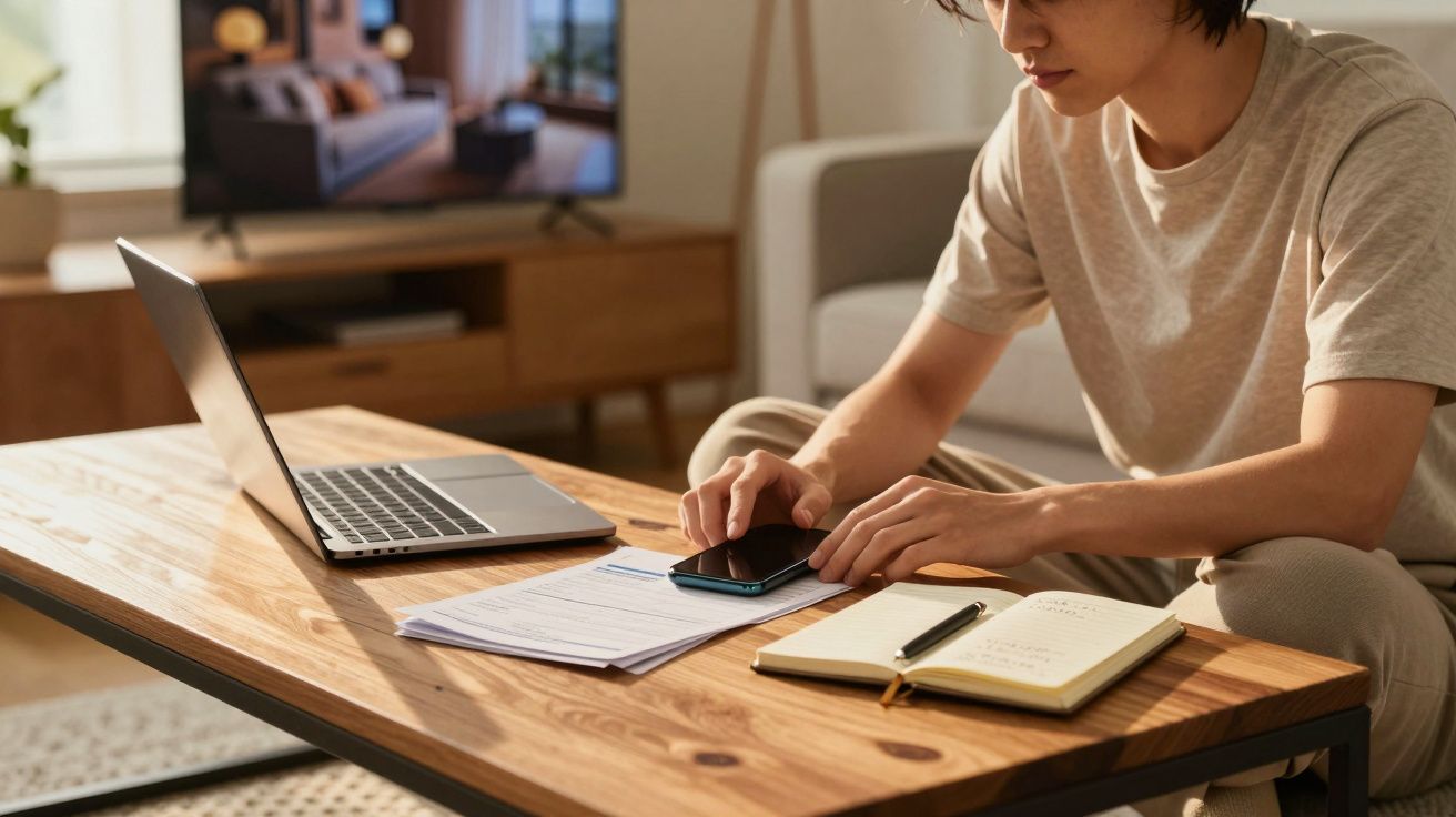 Pessoa sentada à mesa a usar telemóvel, com computador portátil, folhas de papel e caderno à frente.