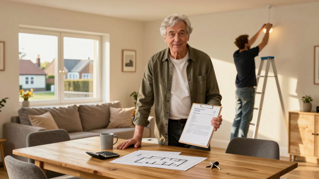 Homem sénior com prancheta e plantas de casa à mesa, enquanto jovem troca lâmpada ao fundo numa sala iluminada.