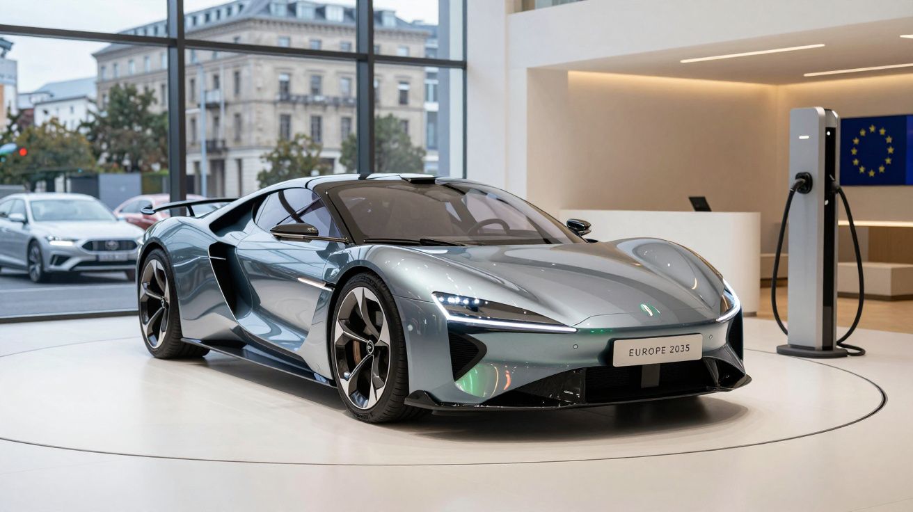 Carro desportivo elétrico futurista cinzento numa exposição moderna com estação de carregamento ao lado.