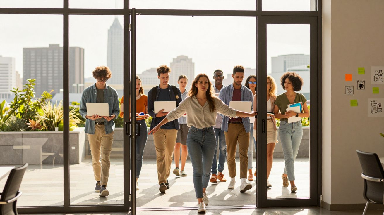 Grupo de jovens estudantes a entrar num edifício com laptops e cadernos na mão numa manhã ensolarada.