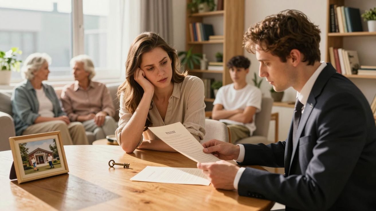 Mulher preocupada revisa documentos com advogado, enquanto família conversa ao fundo numa sala de estar.