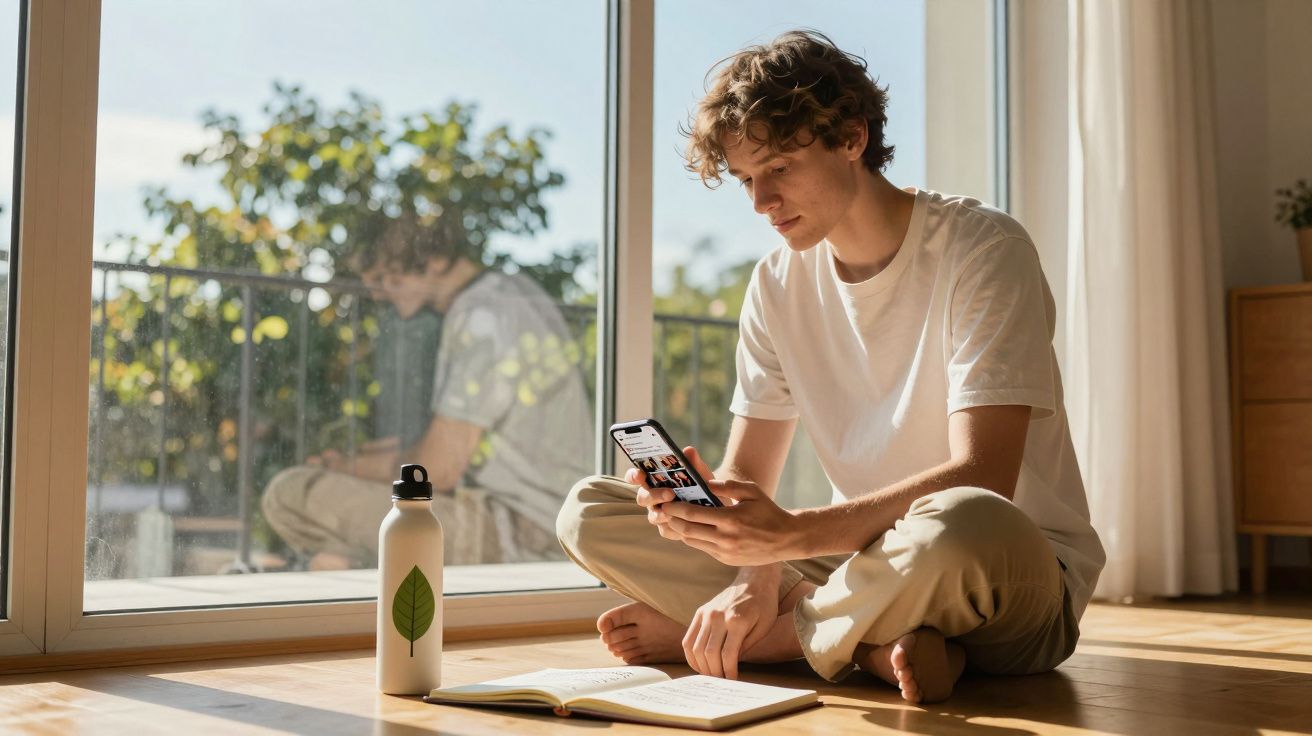 Jovem sentado no chão com caderno aberto, a olhar para o telemóvel, junto a uma janela grande.
