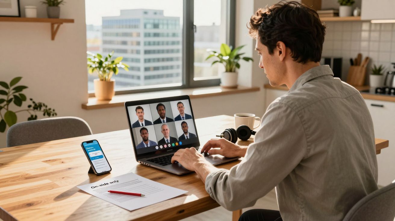 Homem numa videochamada de trabalho em casa, com computador portátil, telemóvel e documentos numa mesa de madeira.