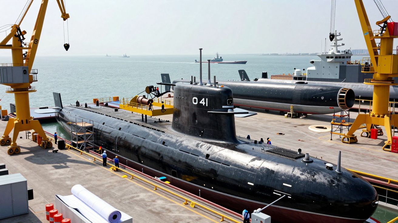 Submarinos militares pretos em doca seca com trabalhadores e guindastes amarelos junto ao mar.