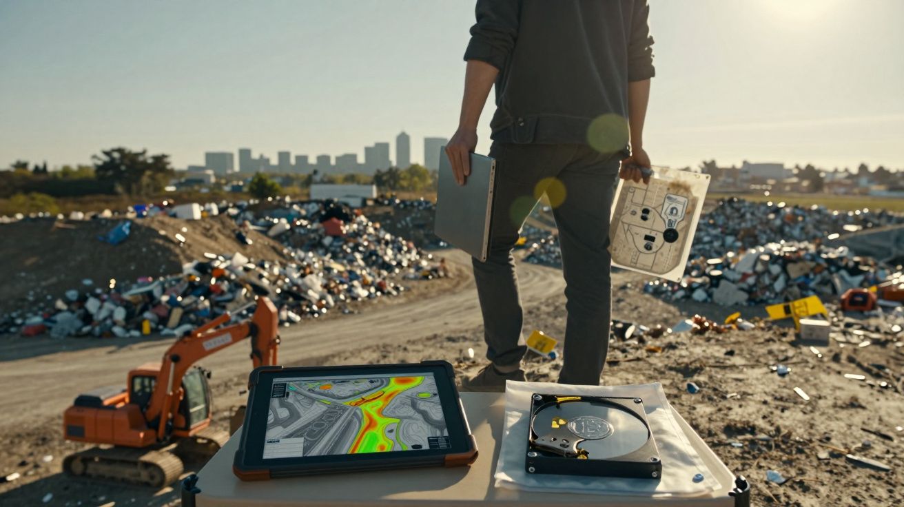 Pessoa com tablet e disco rígido olha para amontoado de lixo eletrónico em terreno aberto.