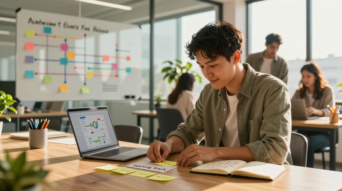 Jovem a trabalhar com notas adesivas e laptop numa sala de estudo moderna com colegas ao fundo.