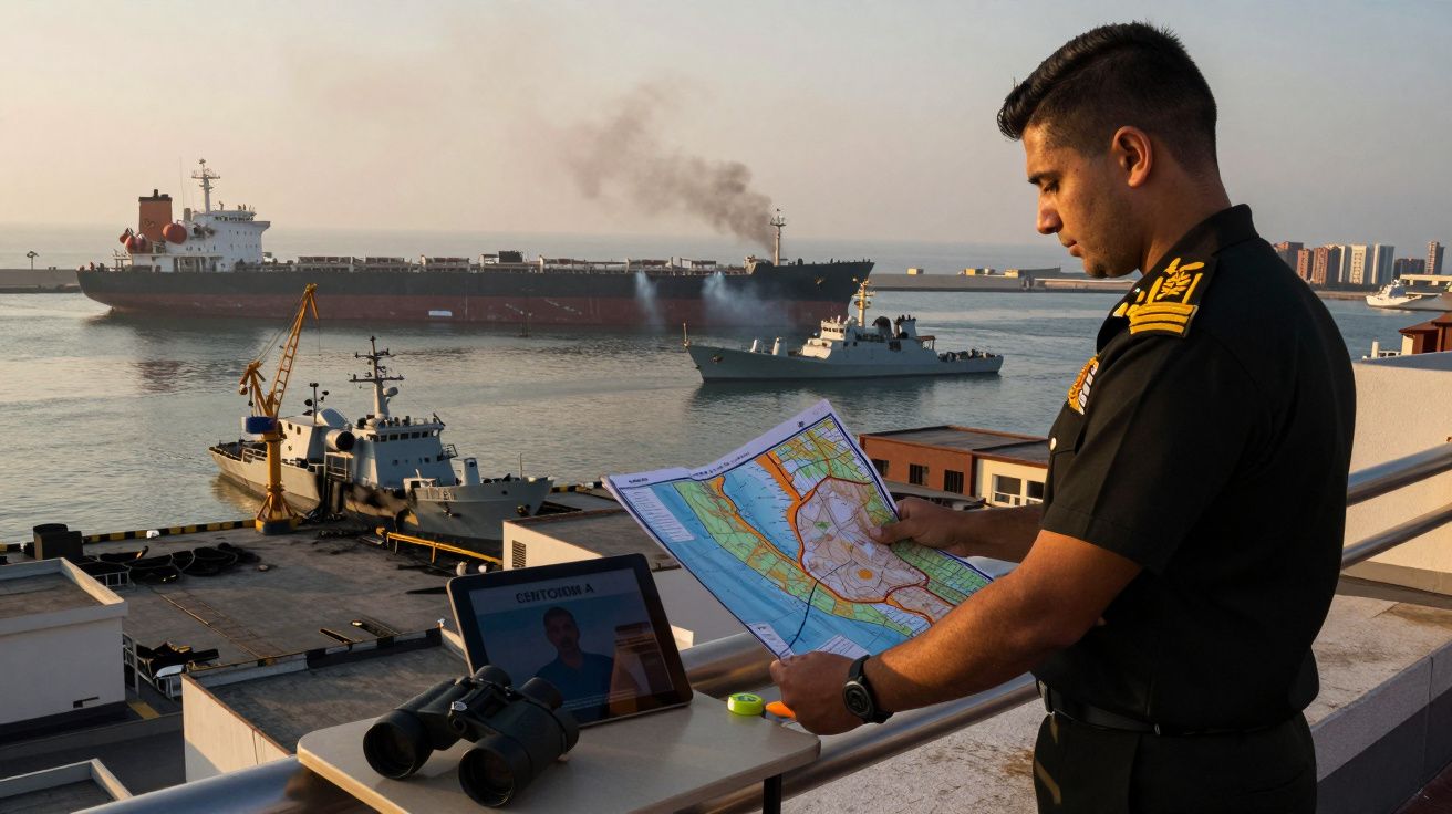 Homem da marinha consulta mapa no porto com navios e binóculos sobre mesa ao pôr do sol.
