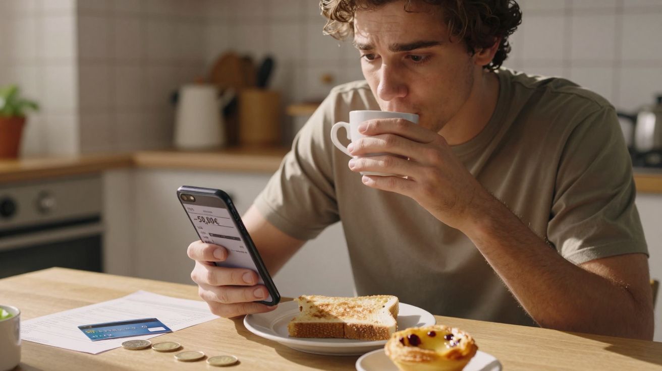 Homem sentado à mesa, a beber café e a olhar para um telemóvel, com pão e pastel à sua frente.