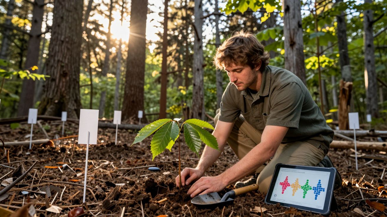 Homem a plantar uma muda numa floresta, com tablet e dados científicos ao lado, ao pôr do sol.