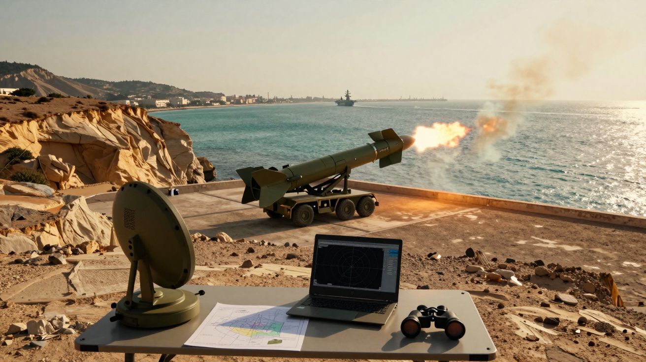 Míssil a ser lançado do topo de um penhasco junto ao mar, com computador, mapa e binóculos numa mesa próxima.