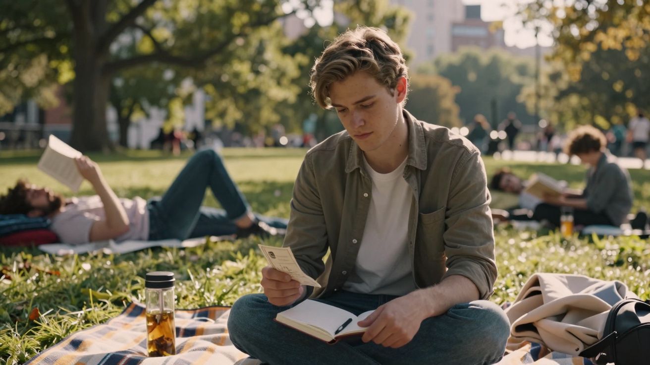 Jovem sentado na relva num parque, lendo e a fazer anotações no caderno durante um dia ensolarado.