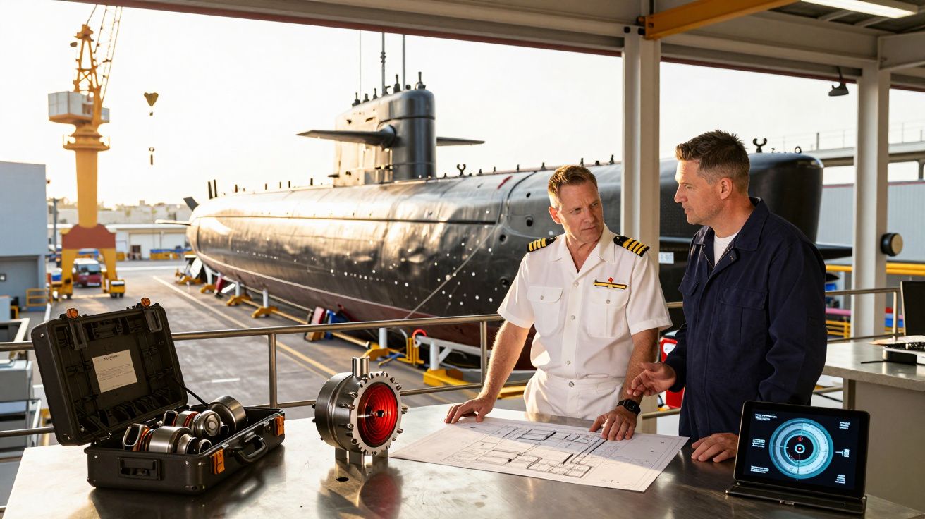 Dois homens em uniforme técnico analisam planta junto a equipamento e tablet numa doca com submarino ao fundo.