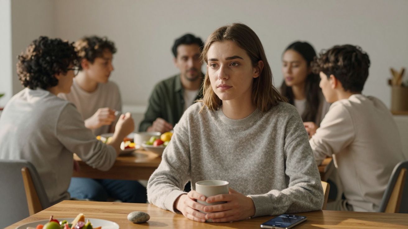 Jovem mulher com expressão pensativa a segurar uma chávena sentada à mesa, enquanto outras pessoas conversam ao fundo.