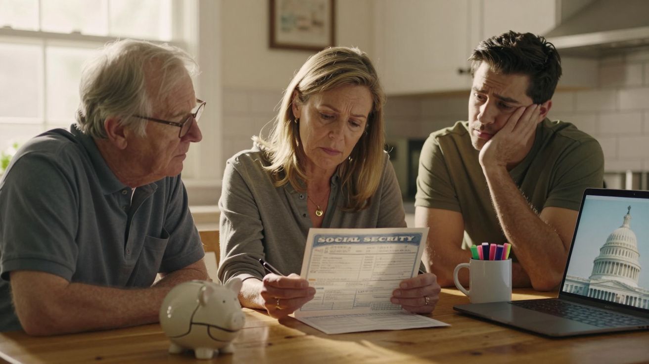 Três adultos sentados à mesa a analisar documentos e a trabalhar num computador portátil numa divisão iluminada.