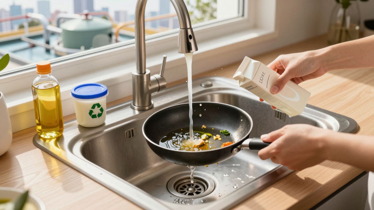 Mãos a lavar uma frigideira com restos de comida na torneira da cozinha, ao lado de óleo e recipiente reciclável.