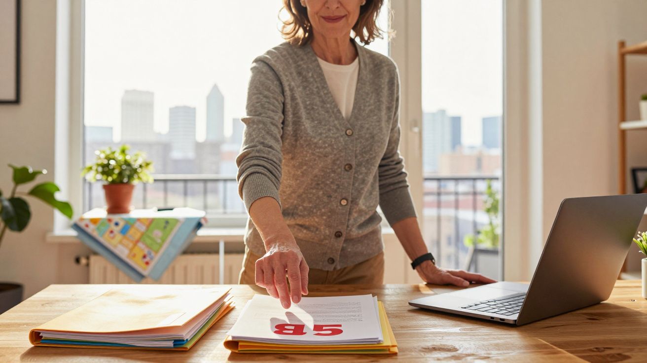 Mulher em escritório aponta documento com nota 5B, computador portátil e pasta na mesa de madeira.