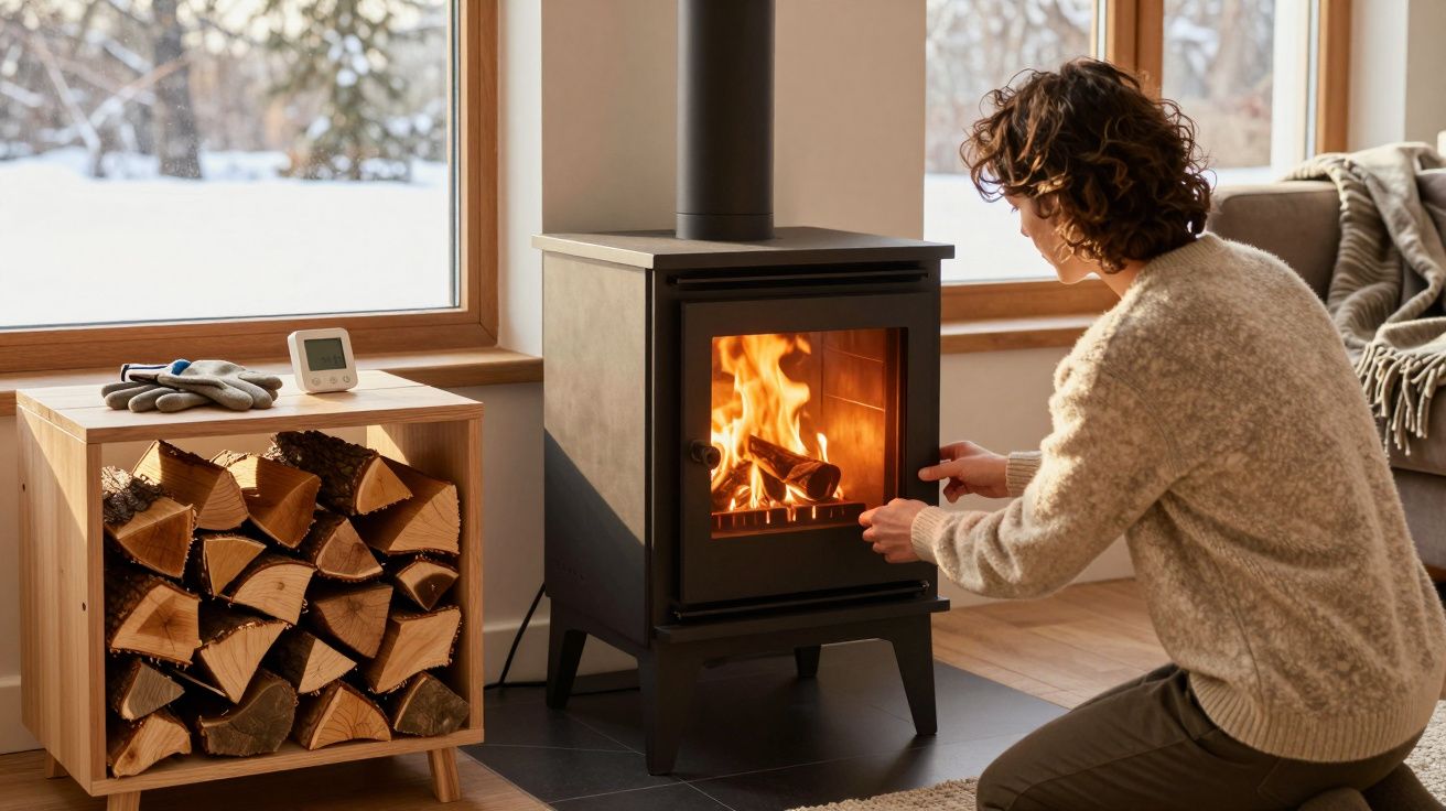 Pessoa a aquecer a lareira a lenha numa sala acolhedora com janelas grandes e madeira empilhada.