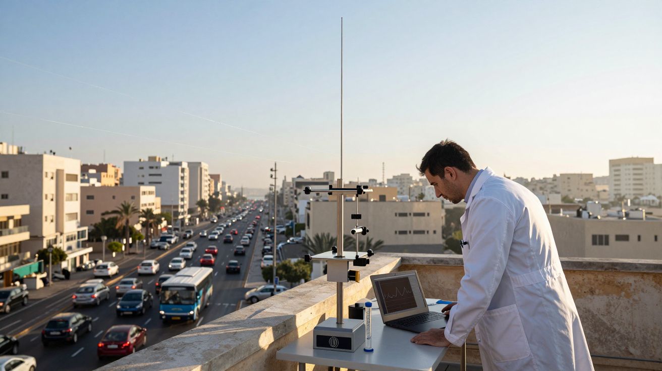 Homem com bata branca mede poluição do ar numa rua movimentada numa cidade ao pôr do sol.