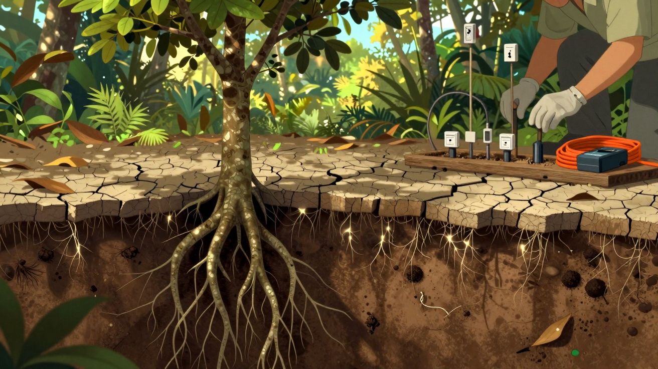 Solo seco e rachado com raízes de árvore visíveis e um homem a medir a humidade do solo com equipamento.
