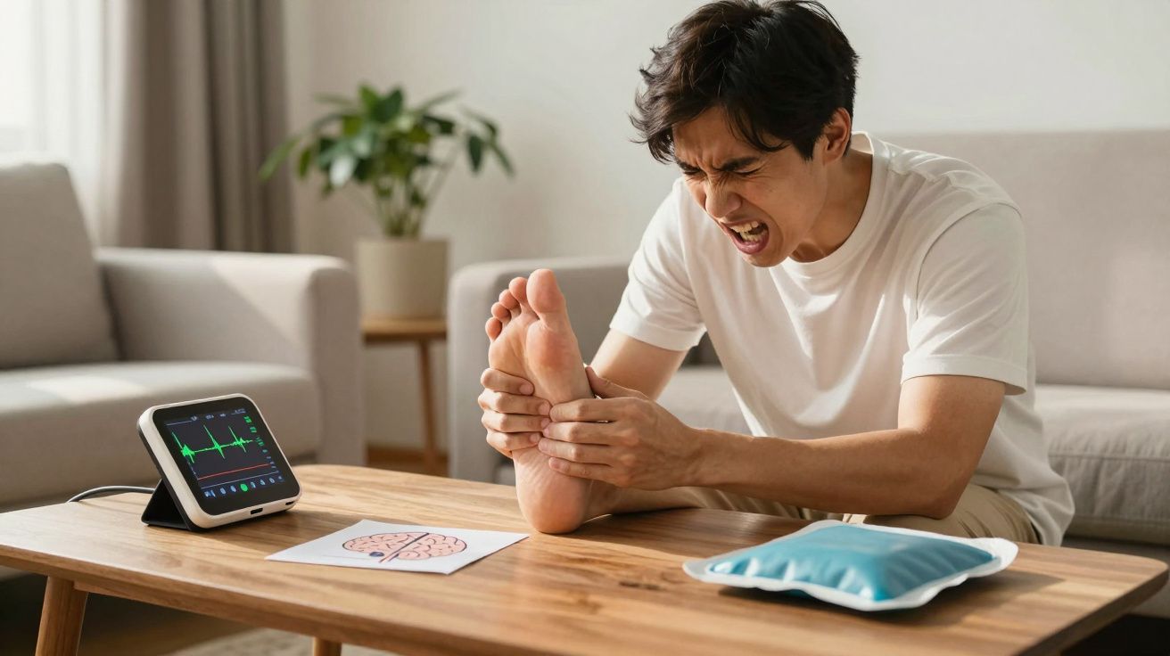 Homem sentado no sofá a segurar o pé com expressão de dor e monitor cardíaco numa mesa à frente.