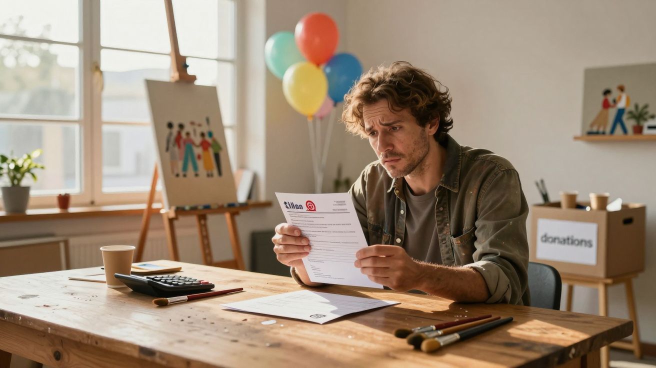 Homem preocupado a ler correspondência sentando-se à mesa de madeira numa sala com balões e caixa de donativos.
