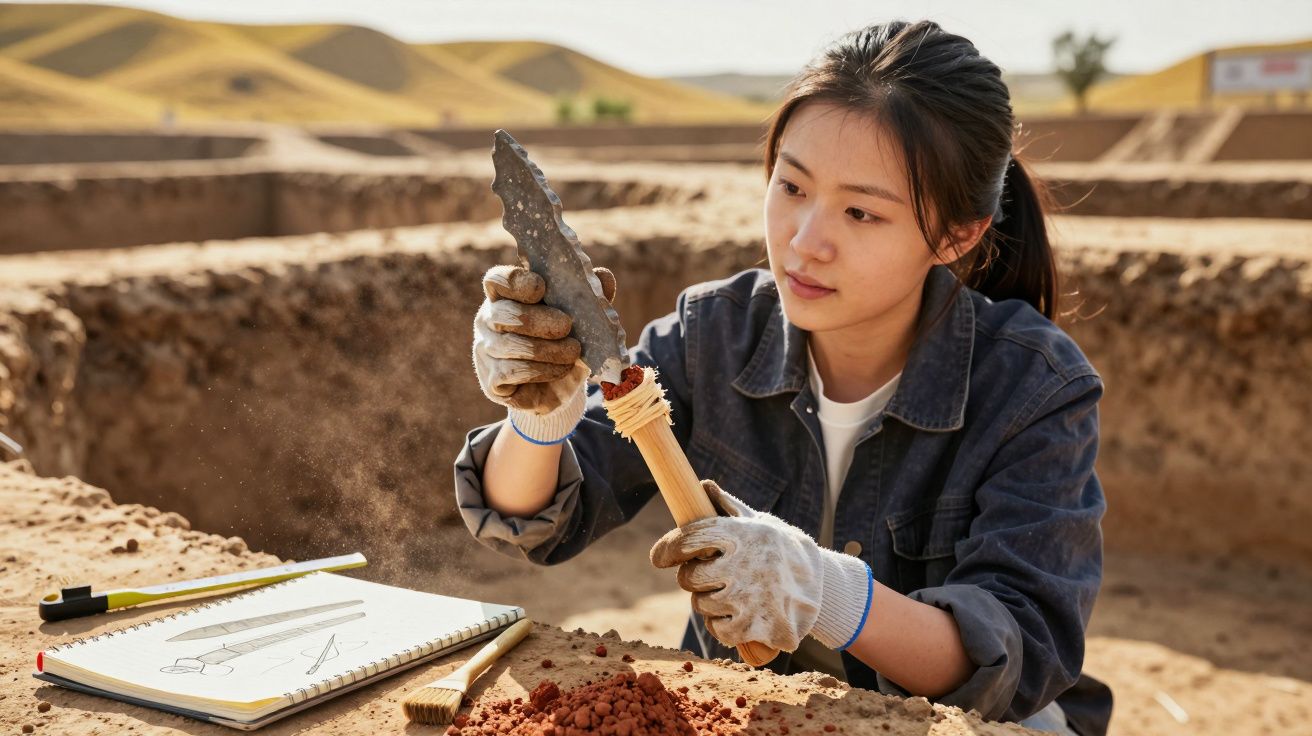 Jovem arqueóloga analisa ferramenta de pedra num sítio arqueológico ao ar livre.