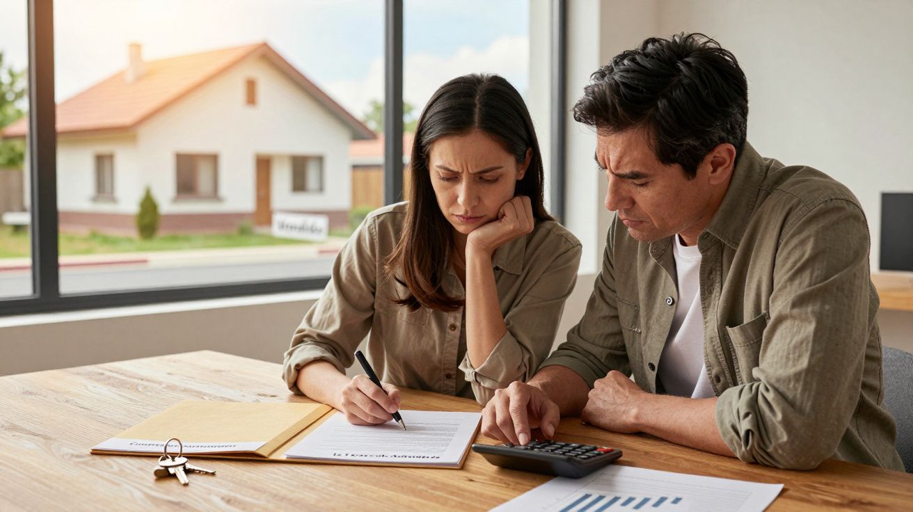Casal preocupado a analisar documentos e contas com calculadora, em casa junto a uma janela.
