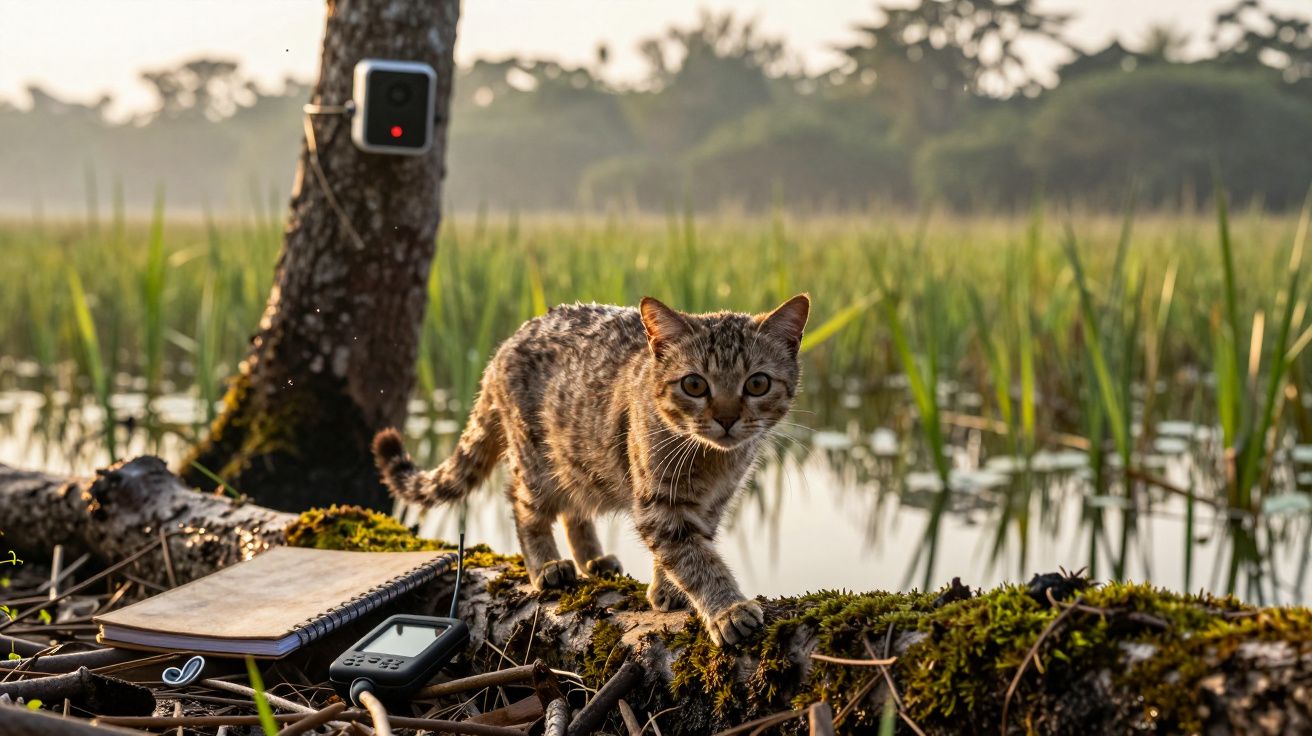 Gato cinzento a caminhar numa árvore caída junto a um lago com vegetação densa ao fundo.