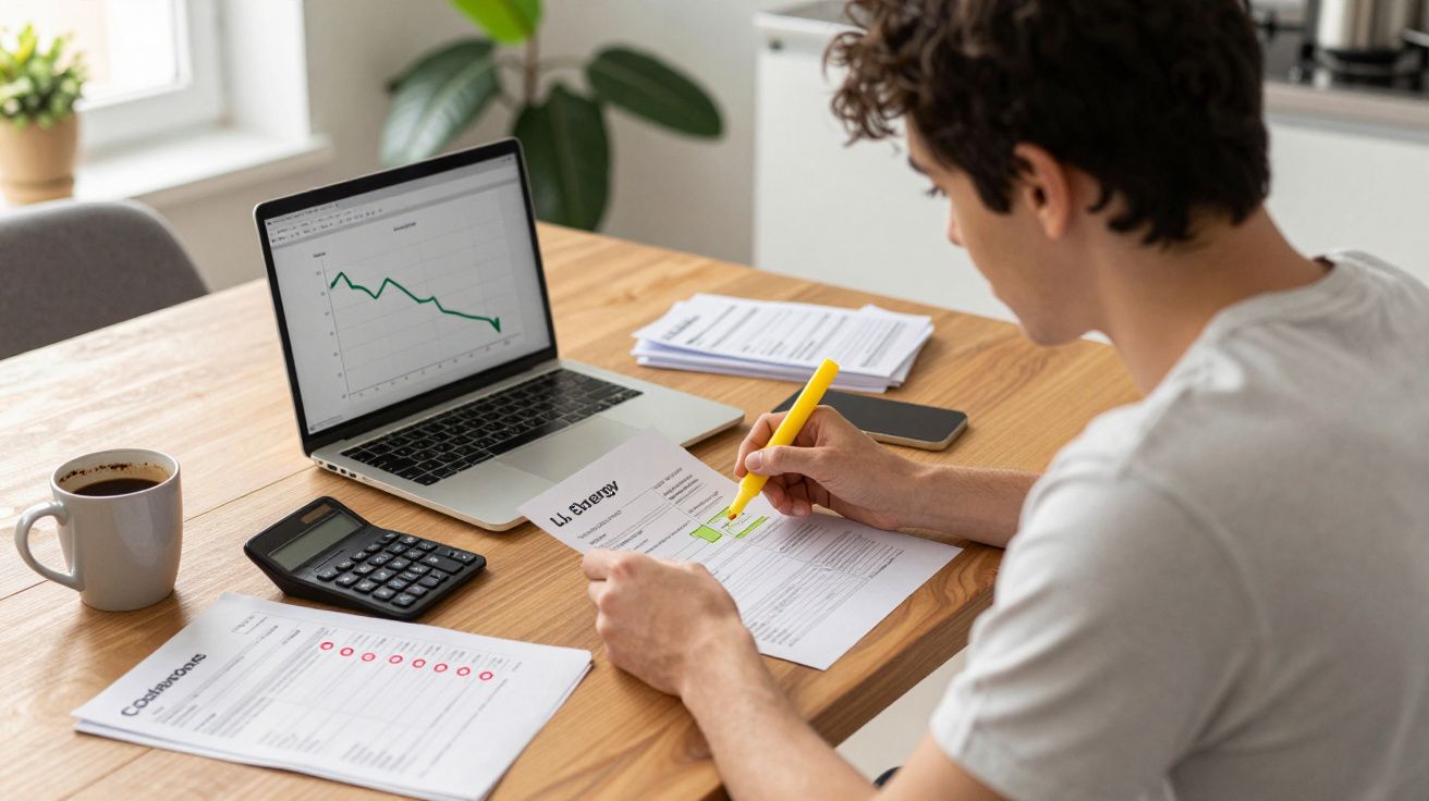 Pessoa a sublinhar documento com marcador amarelo, rodeada por laptop, calculadora, papéis e chávena de café numa mesa.
