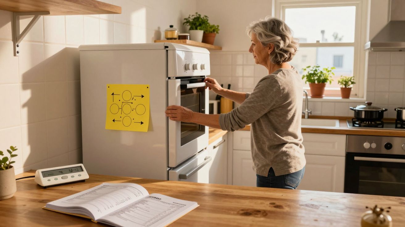 Mulher idosa a abrir forno numa cozinha luminosa com livro de receitas aberto sobre a bancada de madeira.