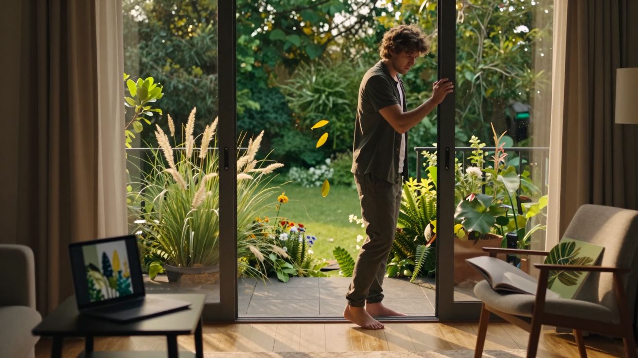 Homem abre porta de vidro de casa para jardim verde num ambiente calmo e acolhedor.