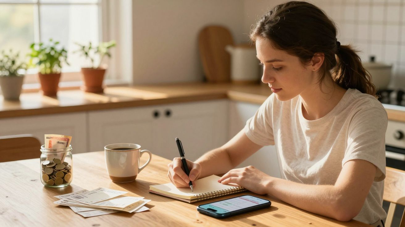 Mulher sentada à mesa, escrevendo num caderno com telemóvel, cabaz de moedas e chávena numa cozinha iluminada.