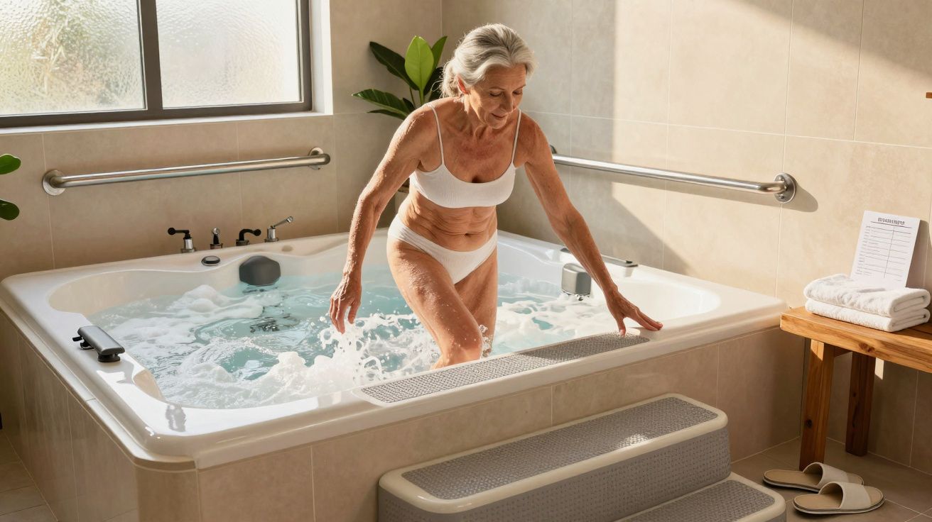 Mulher idosa sai de uma banheira de hidromassagem numa casa de banho luminosa e acolhedora.