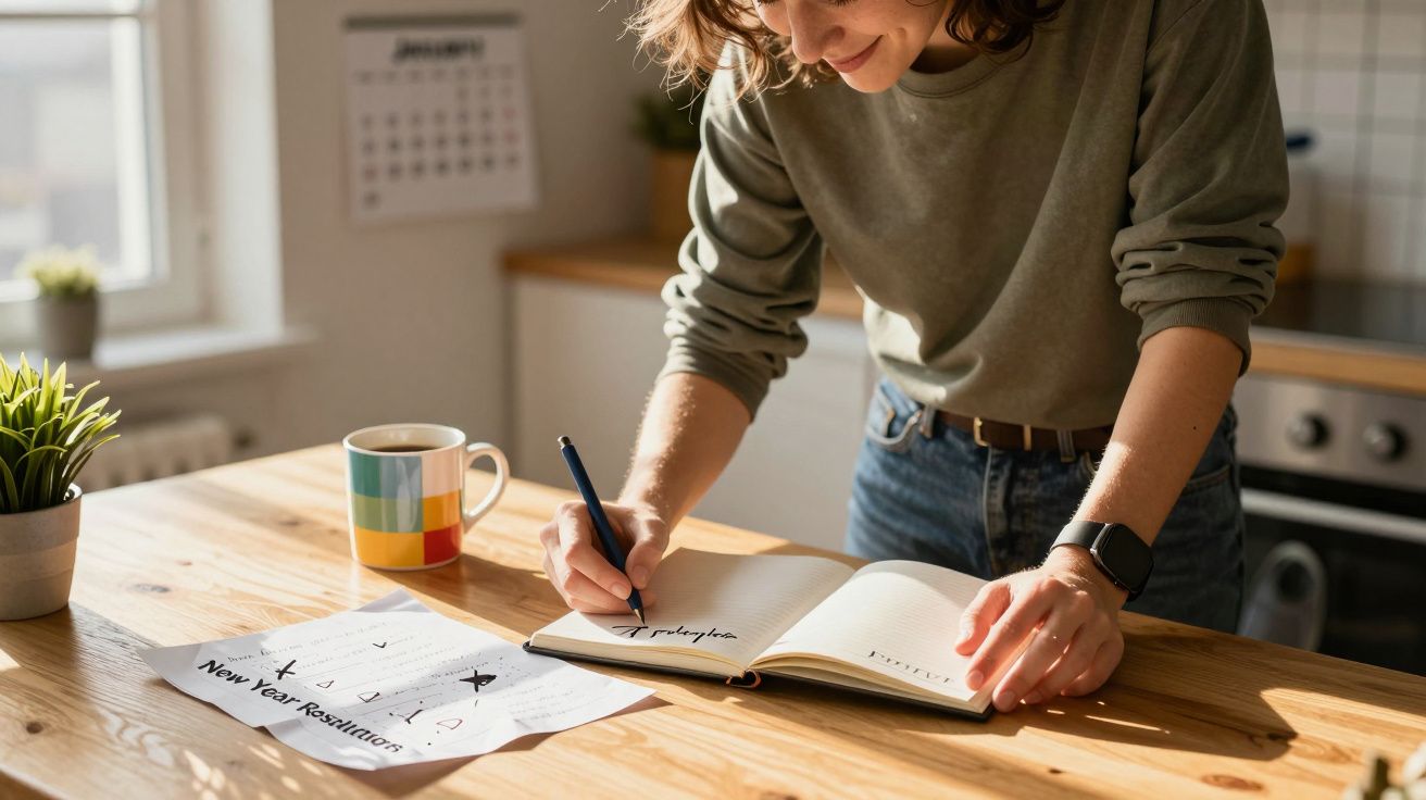 Pessoa a escrever num caderno numa mesa de madeira com uma caneca colorida e folhas com resoluções de ano novo.