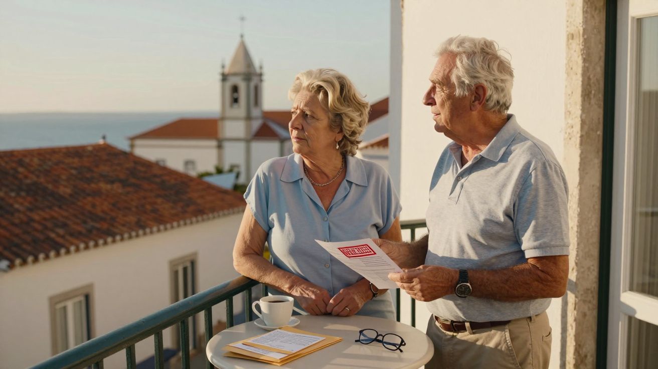 Casal sénior numa varanda, análise preocupada de documentos com vista para um edifício histórico ao fundo.