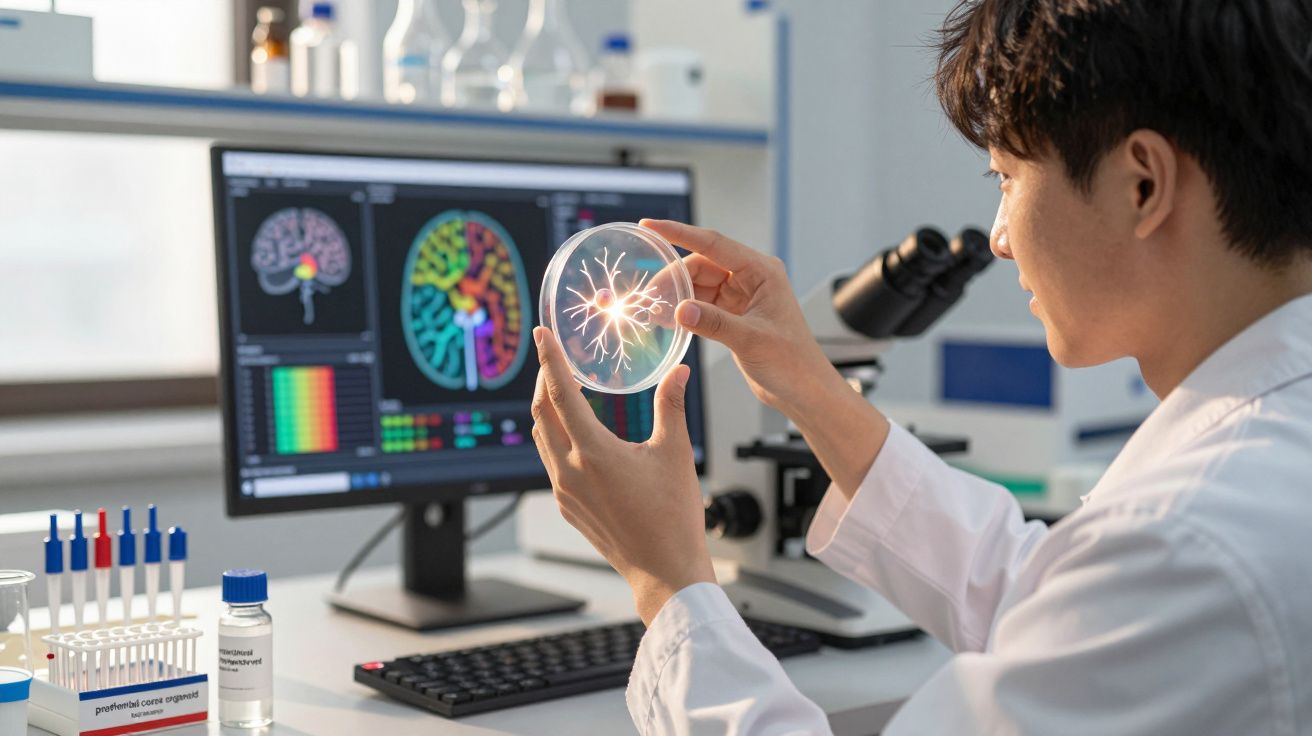 Cientista examina neurónios em placa de petri com imagens de cérebro no ecrã do computador ao fundo.