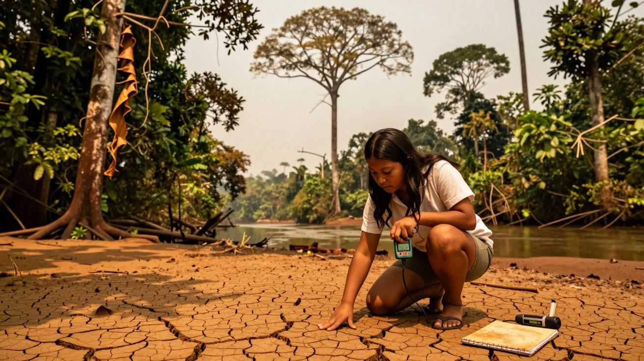 Mulher jovem examina solo seco e rachado junto a rio, rodeada por vegetação densa e árvores altas.