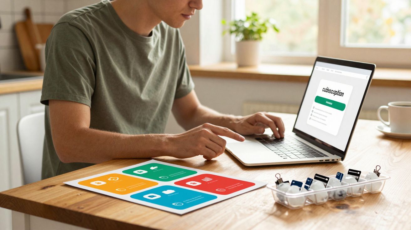 Pessoa a trabalhar num computador portátil com um gráfico colorido e uma caixa de comprimidos na mesa.