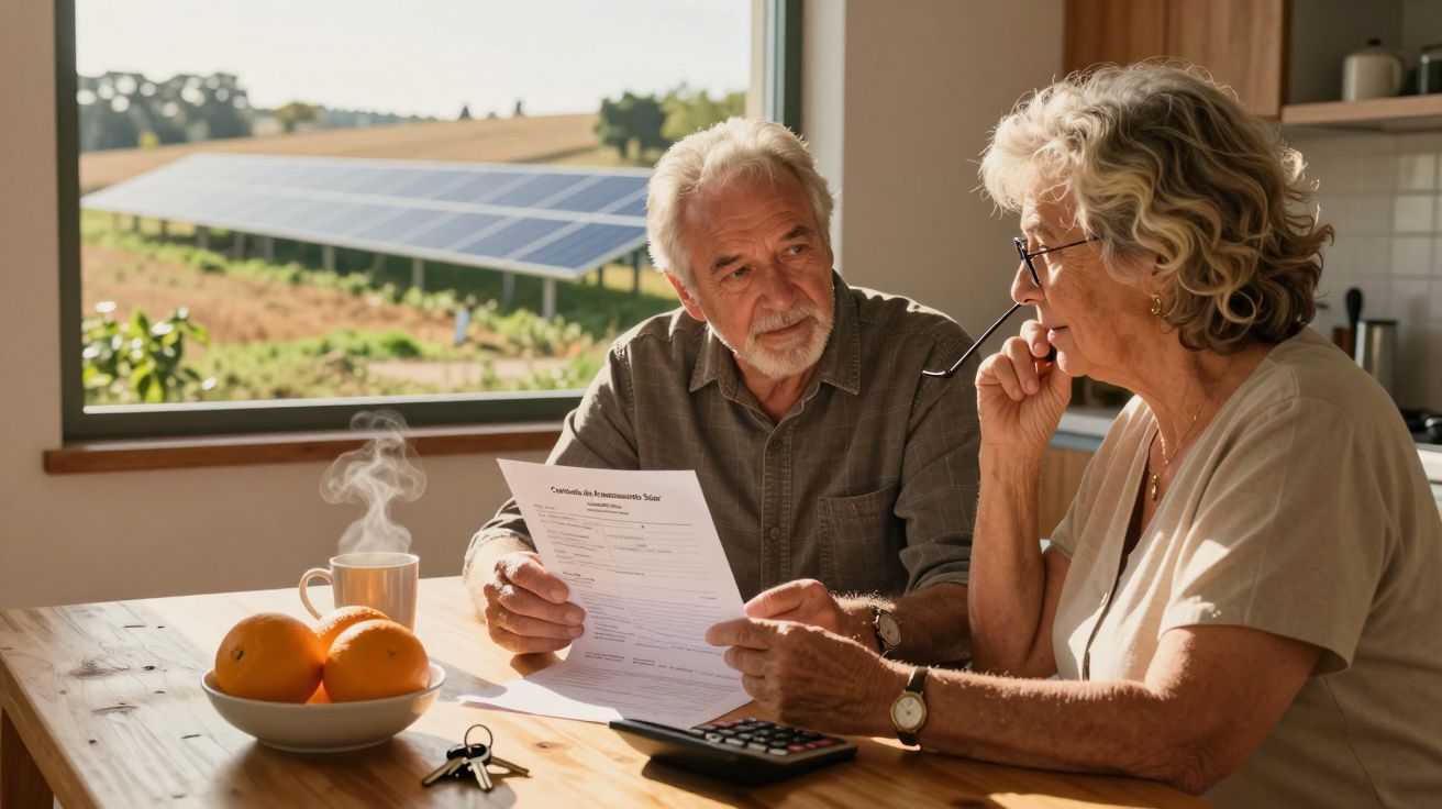 Casal idoso a analisar documentos numa mesa junto a janela com painéis solares ao fundo.