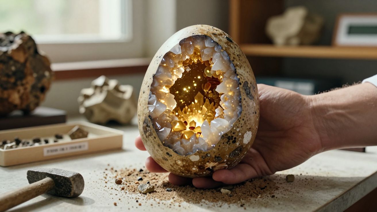 Mão segurando geodo em forma de ovo com cristais brilhantes num ambiente de trabalho.
