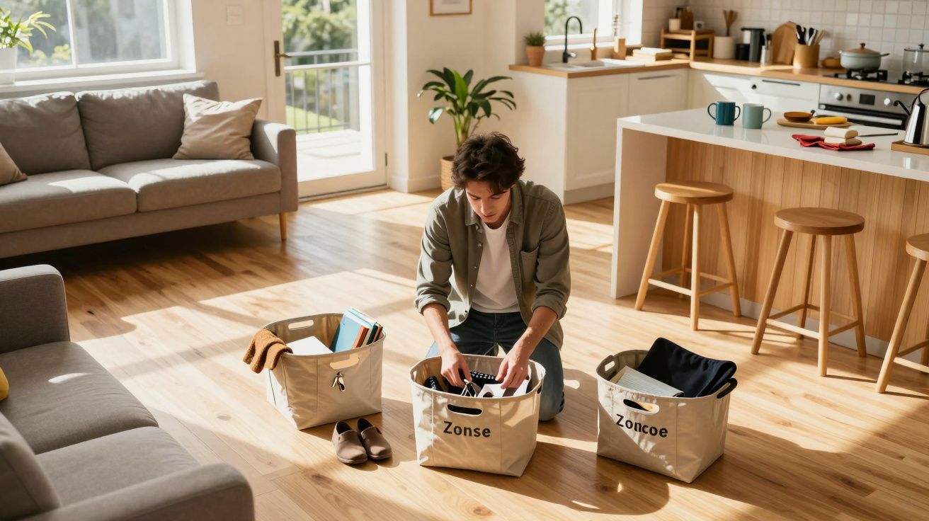 Homem organiza roupa em cestos no chão de uma sala luminosa com cozinha aberta ao fundo.