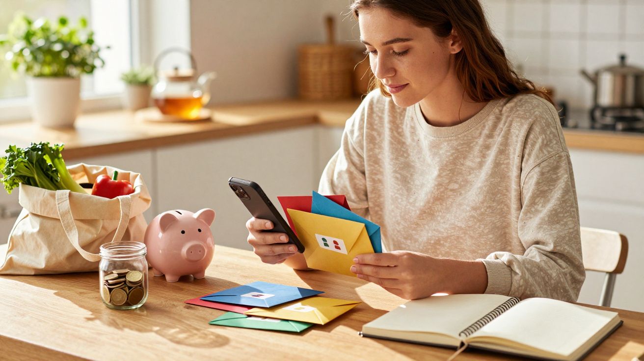 Mulher sentada à mesa com envelopes coloridos, telemóvel, mealheiro e saco de compras com legumes.