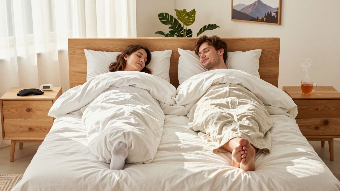 Casal deitado na cama, coberto com colchas brancas, numa manhã iluminada por luz natural.