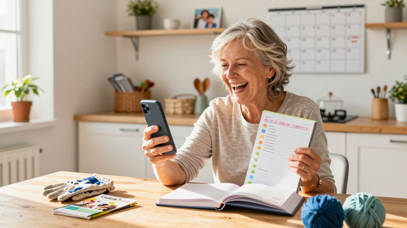 Mulher sénior sorridente a fazer chamada de vídeo e a mostrar calendário numa cozinha iluminada.