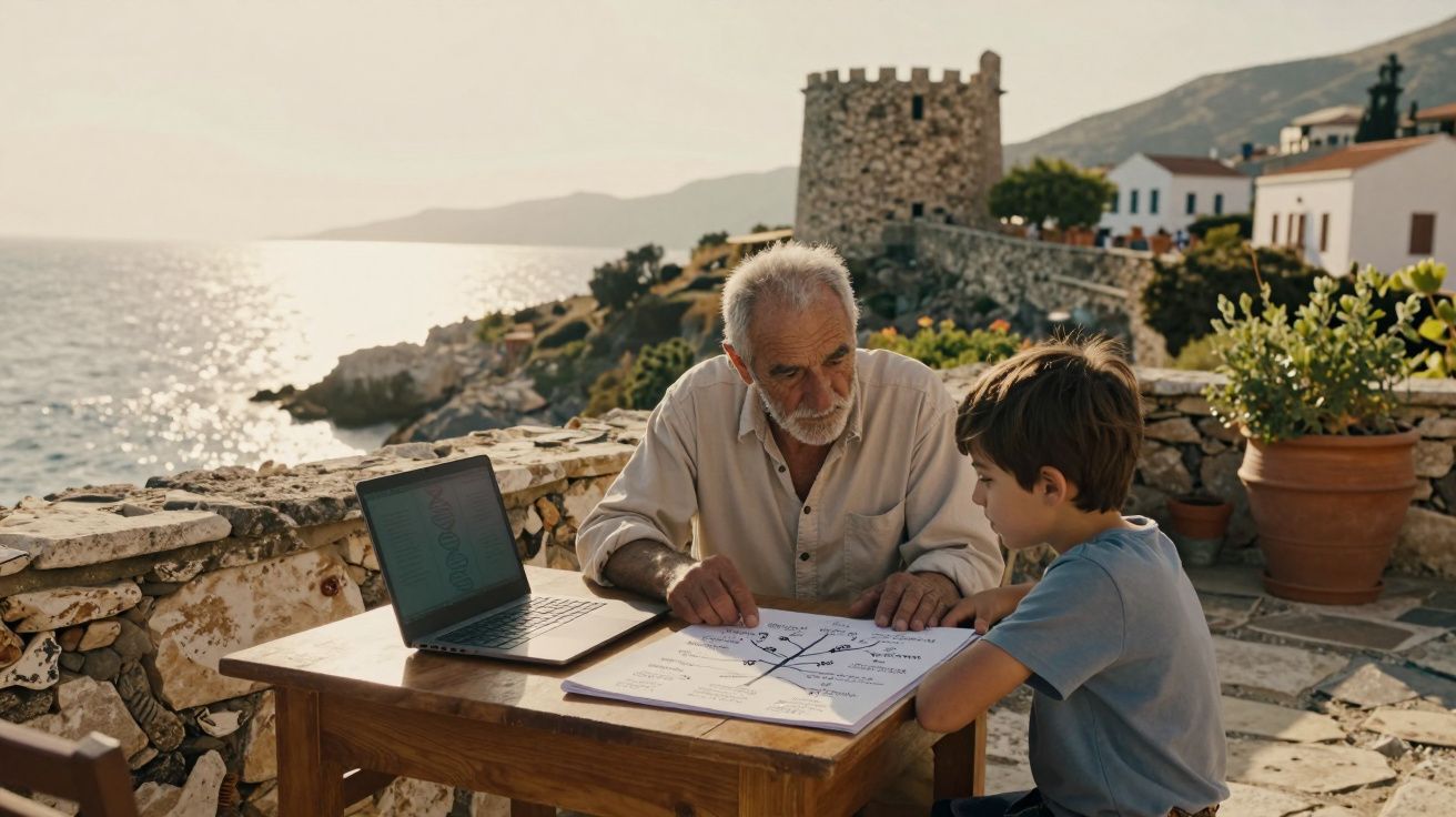 Homem idoso e menino juntos numa mesa ao ar livre com mapa, perto do mar e ruínas históricas ao fundo.
