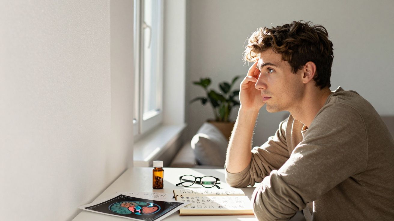 Homem pensativo sentado numa mesa com medicamentos, livros e imagem de cérebro, olhando para a janela.