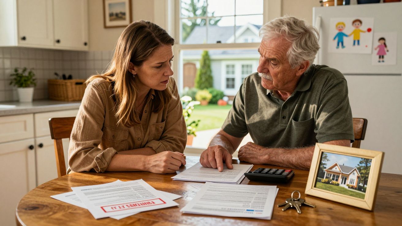 Homem idoso e mulher jovem sentados à mesa discutindo documentos financeiros na cozinha de casa.