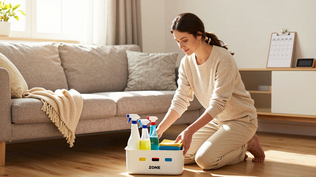 Mulher ajoelhada a organizar produtos de limpeza na sala de estar com sofá cinzento ao fundo.
